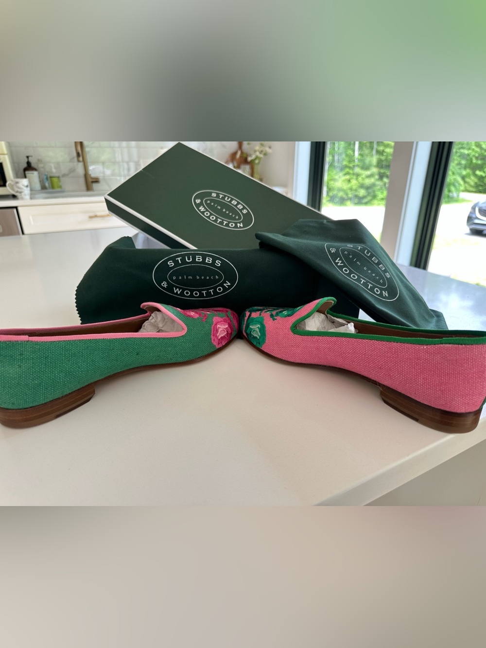 Stubbs & Wootton Pink and Green Floral Embroidered Slip-On Loafers - Picture 7 of 7